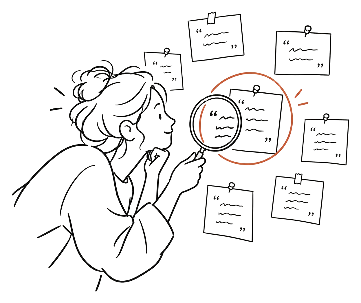 A person examining one quote card with a magnifying glass, circled in orange