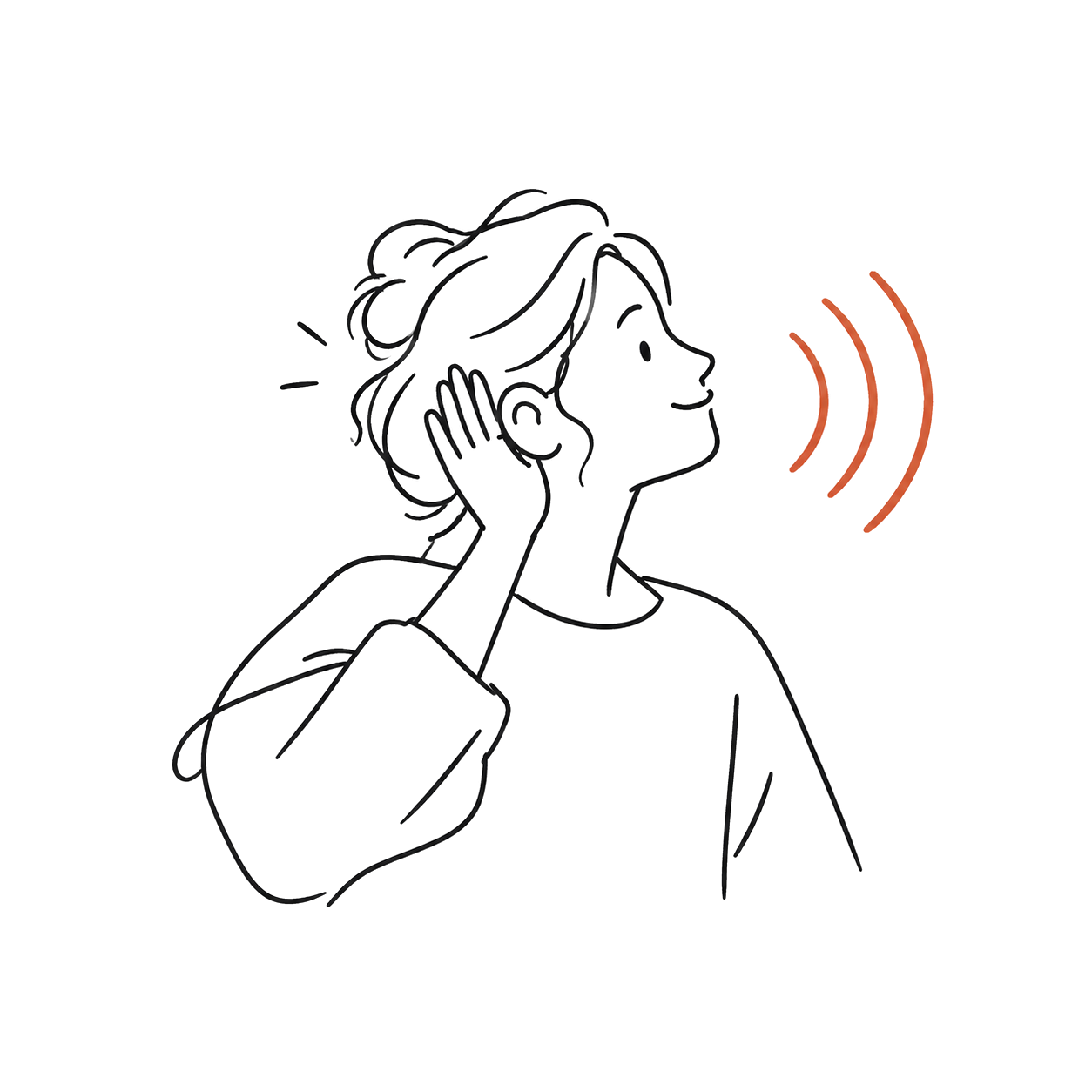 Hand-drawn person listening, hand cupped to ear, with sound waves