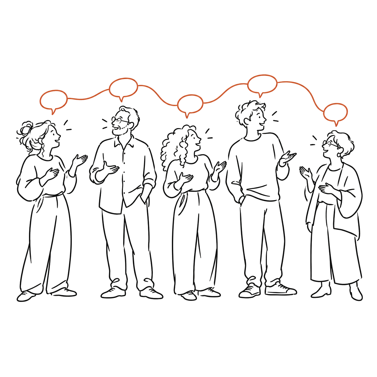 Five people talking, their speech bubbles joined by one orange thread
