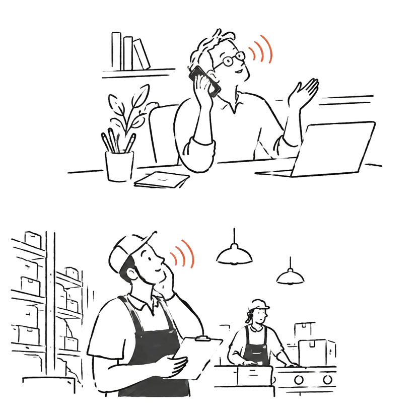 Two hand-drawn scenes of people speaking into a phone, one at an office desk and one on a warehouse floor, for stakeholder and frontline interviews.
