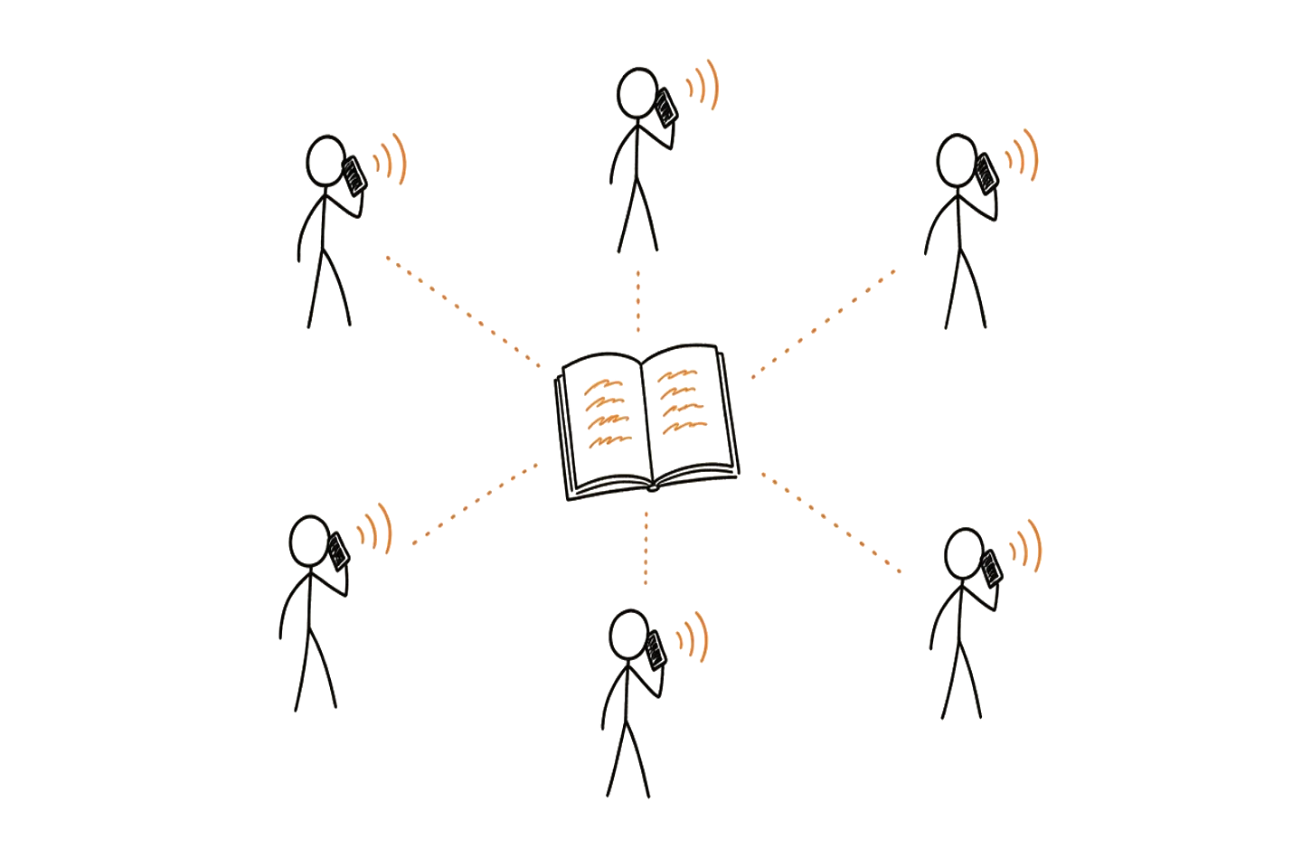 Several people each talking one to one on their phones, with notes gathering in one notebook