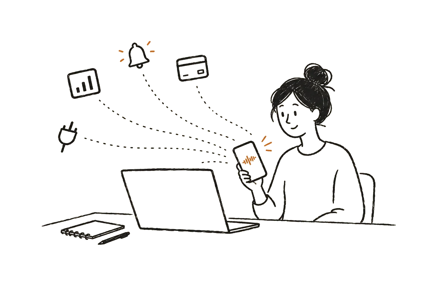 A person at a desk holding a phone, with small signals from different tools flowing into one voice conversation.