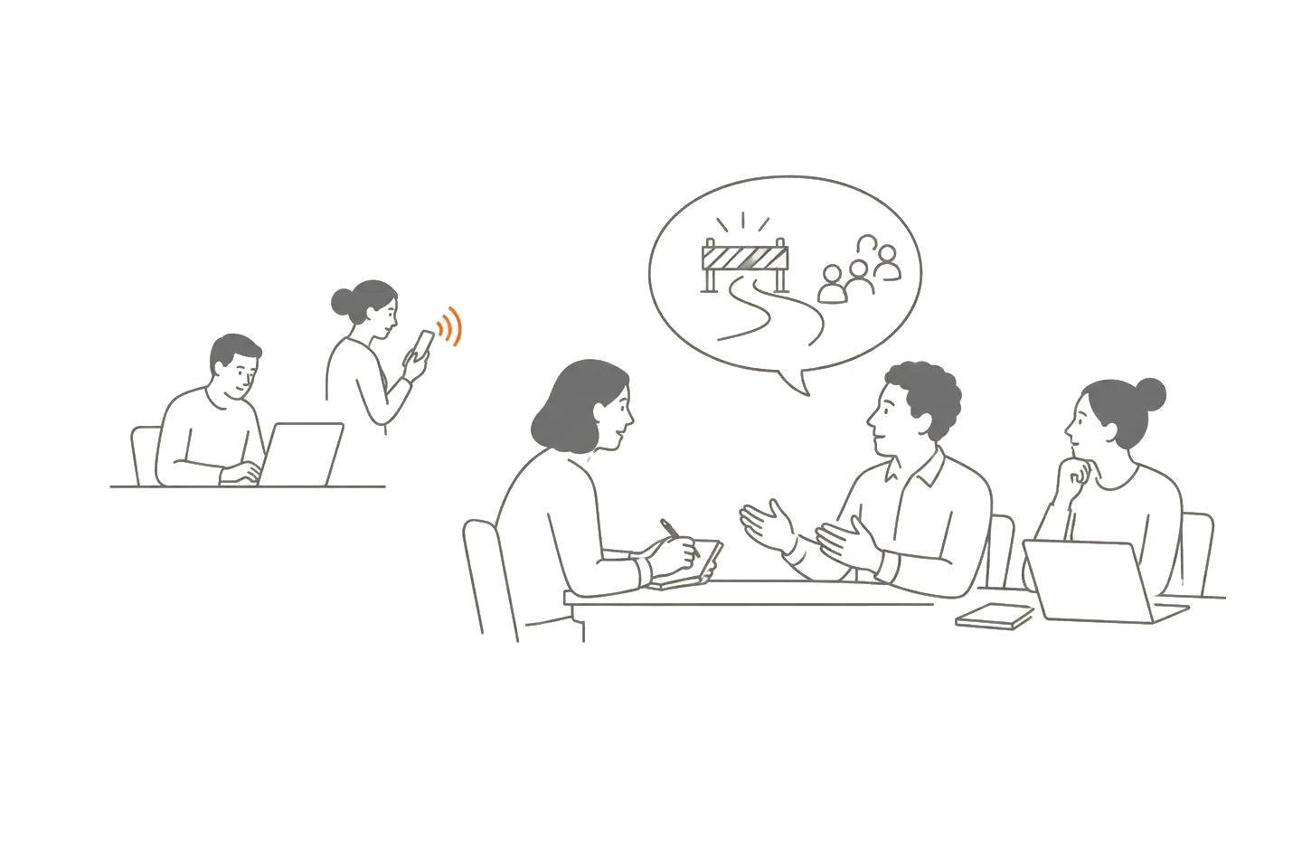 Line drawing of people, a phone, and notes in a research scene for “AI Readiness Assessment vs Quiz: What Stakeholder Interviews Actually Answer”.