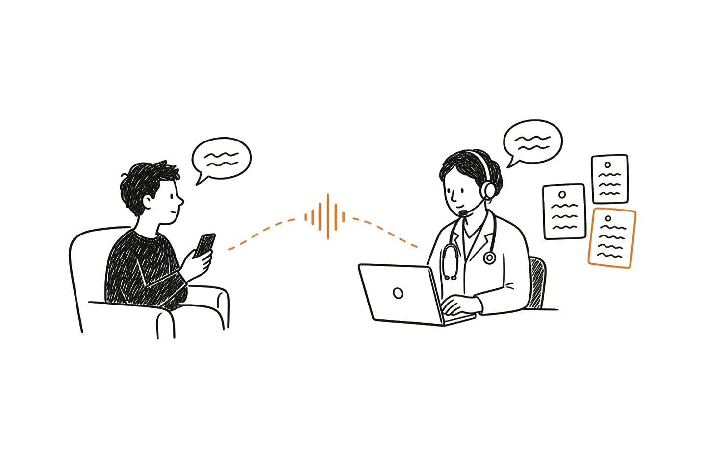 A patient and a clinician in one-to-one voice interviews