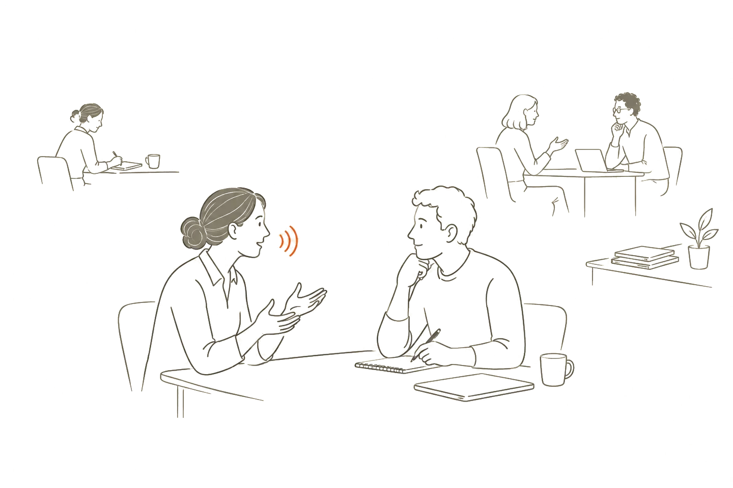 Line drawing of people, a phone, and notes in a research scene for “Stakeholder Interviews for Organizational Diagnostics (When a Survey Score Is Not Enough)”.