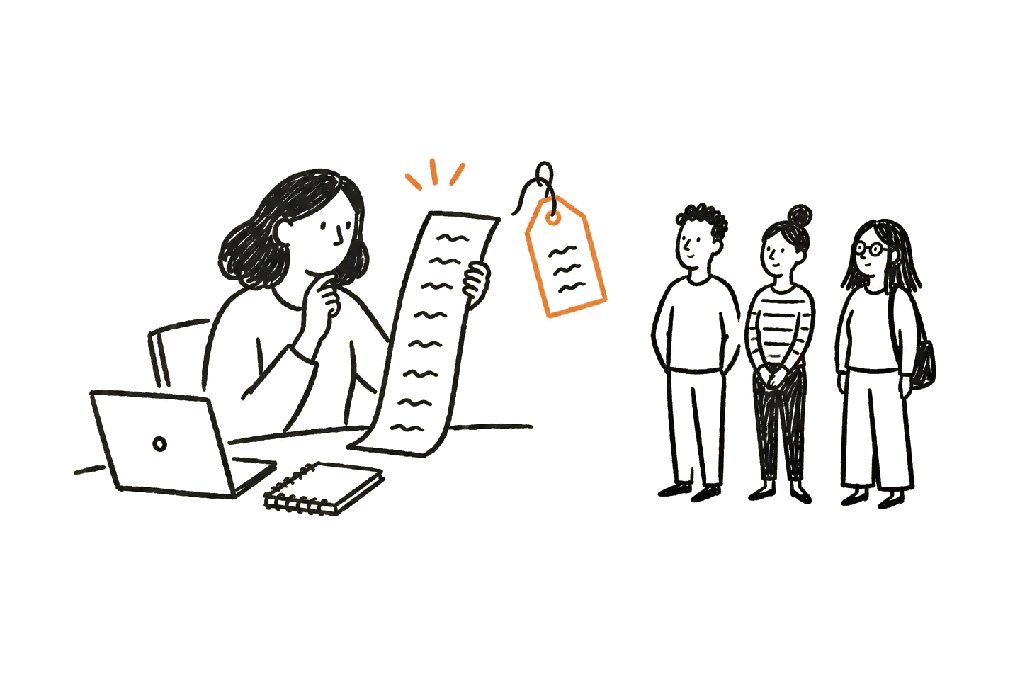 Line drawing of a person at a desk reading a long receipt, with a price tag and three people waiting nearby.