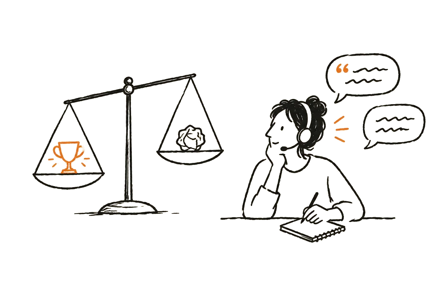 Line drawing of a balance scale with a trophy and a crumpled paper, next to a person listening on a headset, for win-loss analysis.