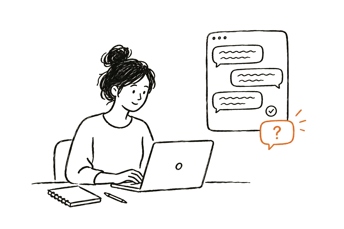 A person at a laptop beside a resolved support chat, and another person on a phone answering a short follow-up.
