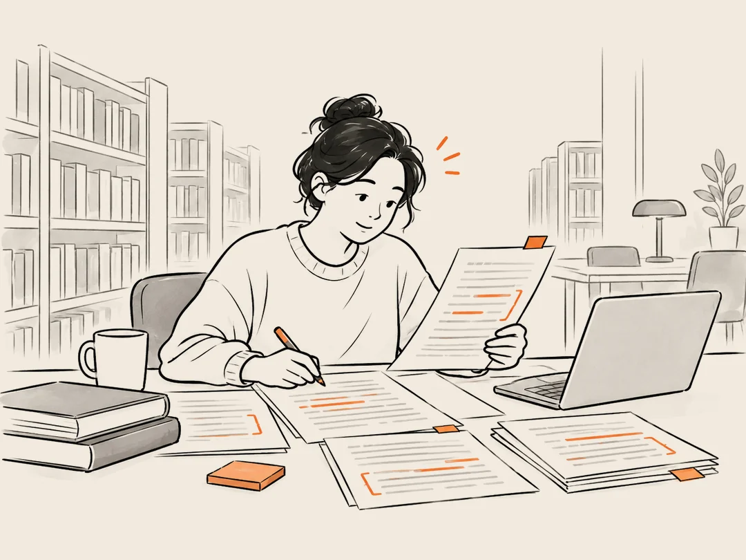 A researcher at a library desk marking up printed interview transcripts with a pen.