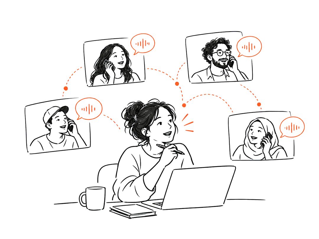 A market researcher taking notes at a laptop while four remote participants answer on their phones.