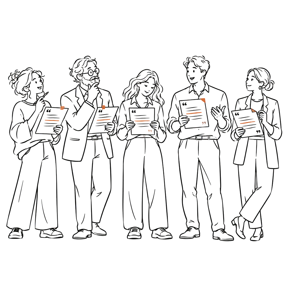 Five professionals from different fields each holding the same interview transcript.